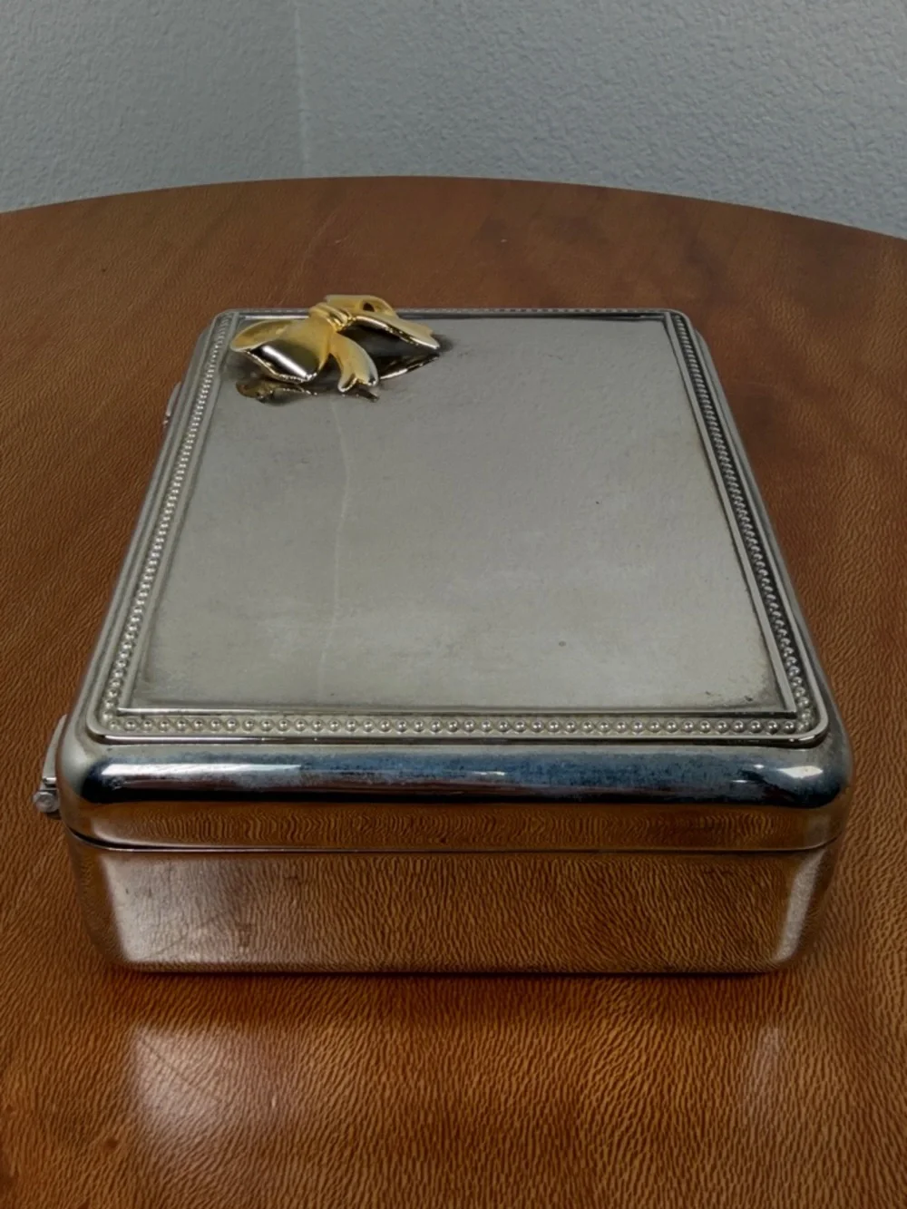 Vintage Silver Plated Jewelry Box w/ Gold Colored Bow Blue Velvet Lined